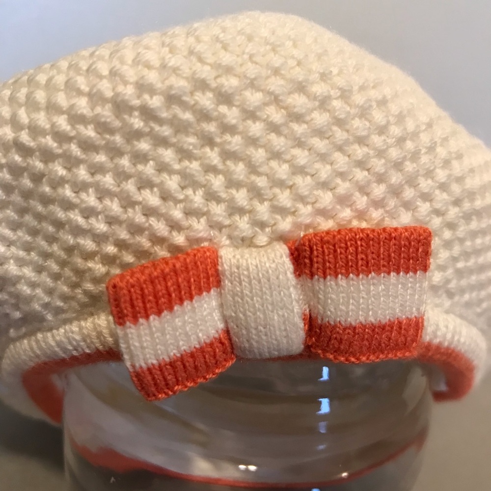 New Janie and Jack 0-3M Cream Hat, Coral accents. Bow. Pompom.